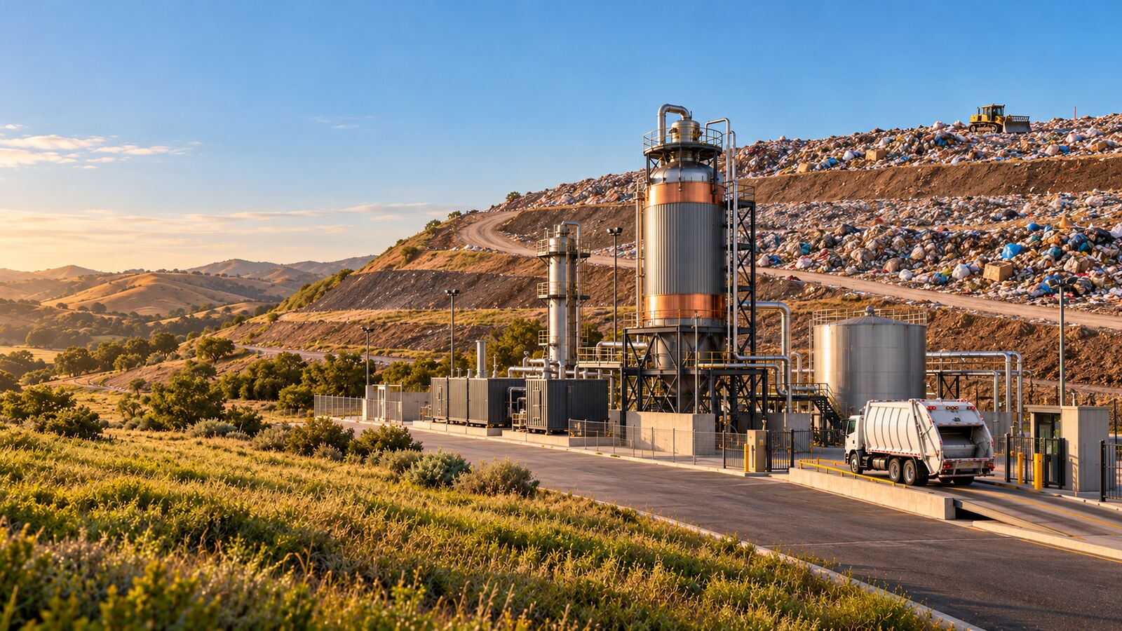 Modular methanol plant at a landfill with a waste truck arriving
