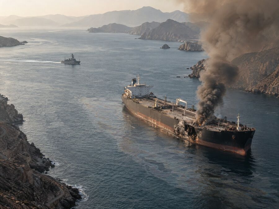 Tanker on fire at sea
